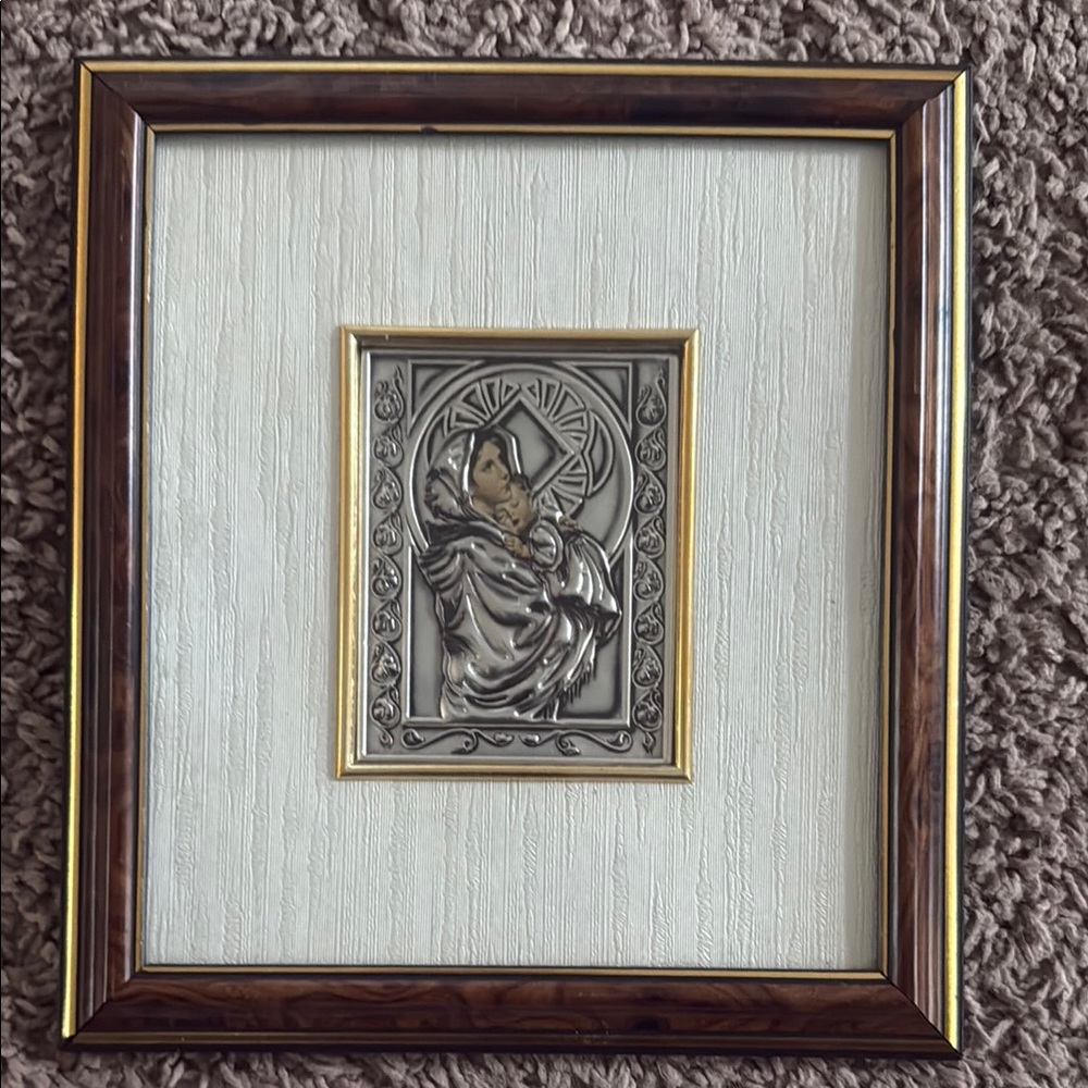 Silver Religious Wall Art with Brown Frame